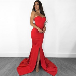 Strapless V Neck Padded Mermaid Dress Long Split Front Bodycon Draped Backless Red Black Elegant Floor Length Dress